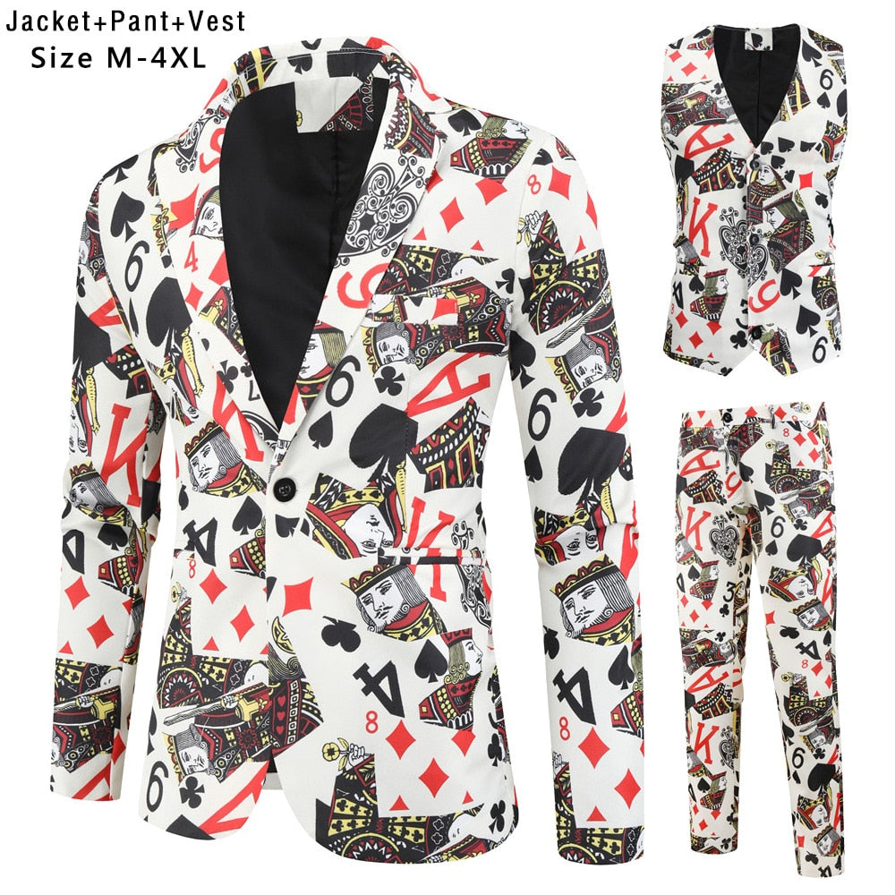 Playing Cards Poker Print Suits Mens Blazer Jacket Korean Fashion Party Prom Costume Sets Homme Men's Vintage Pants Vest Hombre